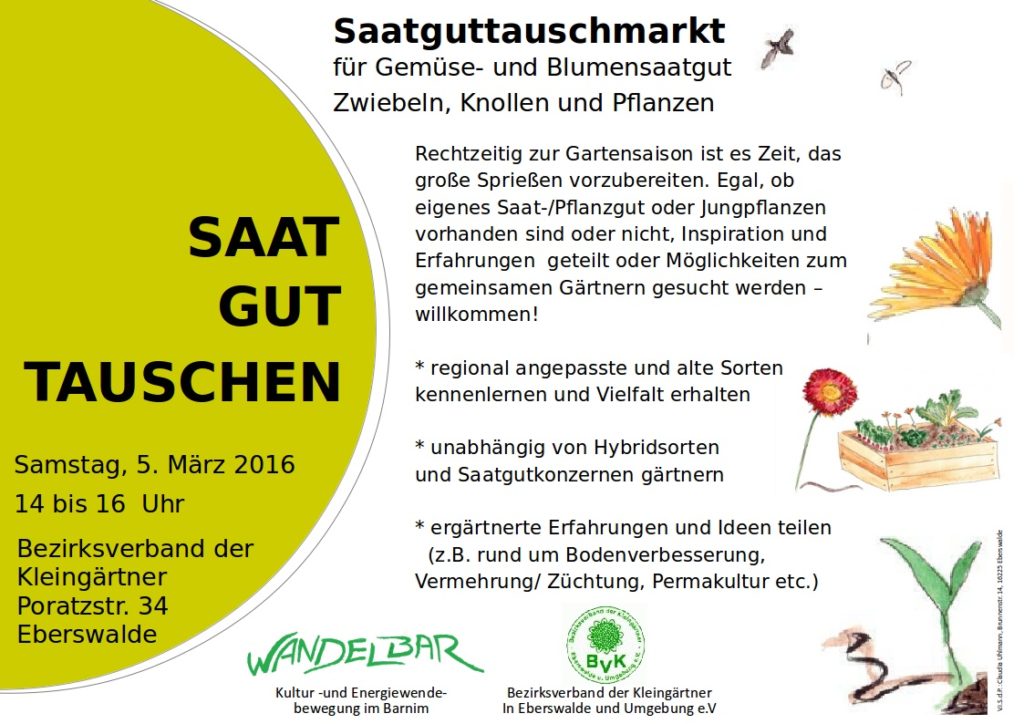 Saatgut-Tausch 2016: 5. März 14-16oo, Poratzstr. 34, Eberswalde